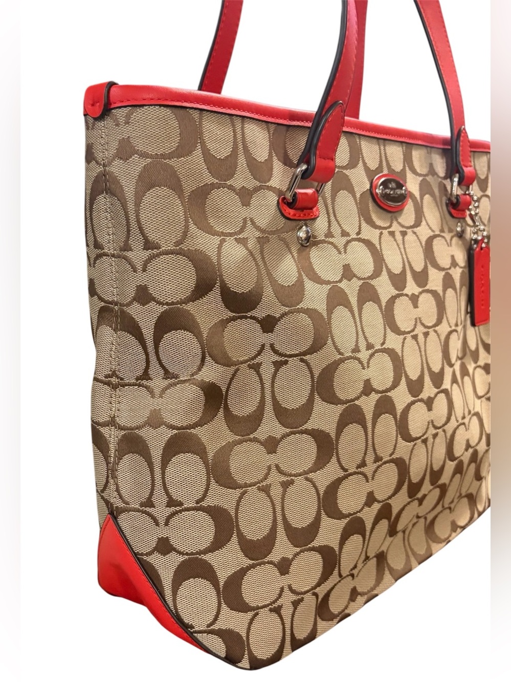 NWT Coach Signature Zip Top Tote Cardinal Red & Khaki - Picture 3 of 12